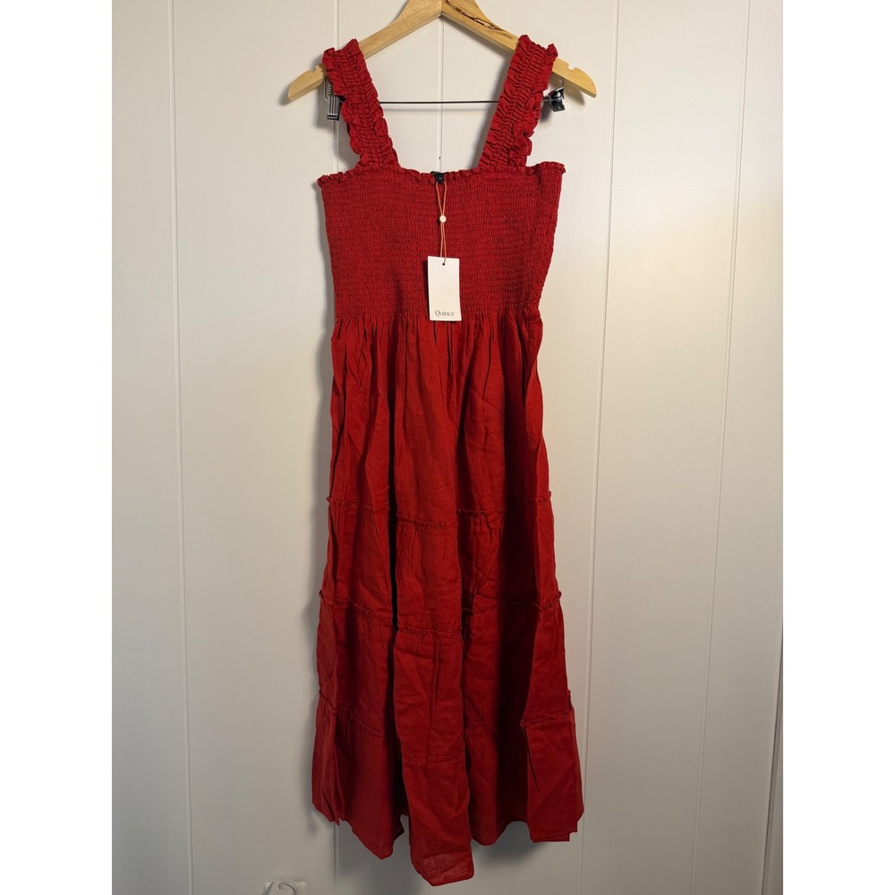 Quince Smocked Midi Dress XL Chile Red 100% European Linen Tiered Ruffle Strap